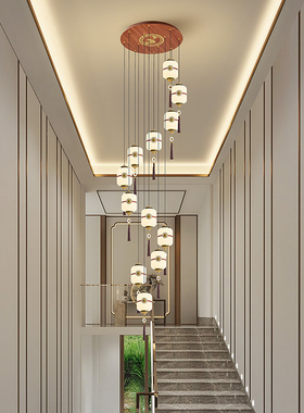 新中式楼梯吊灯禅意中国风loft大气复式别墅客厅旋转长吊灯餐厅灯