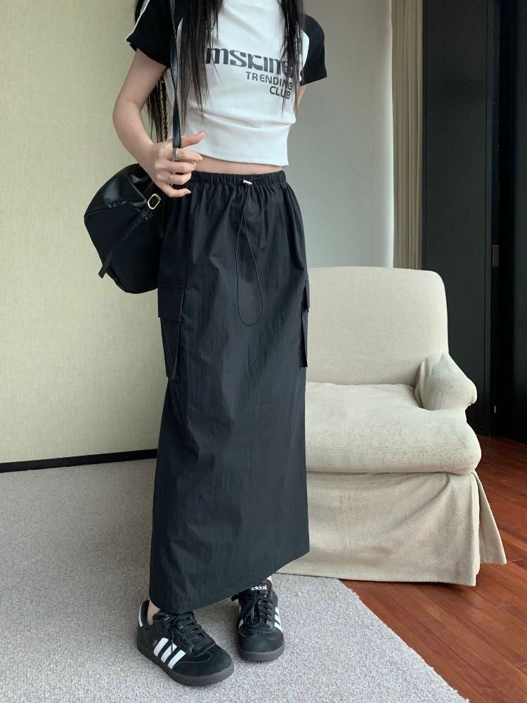 复古工装风半身裙女夏季小众设计感宽松辣妹显瘦松紧腰抽绳长裙潮