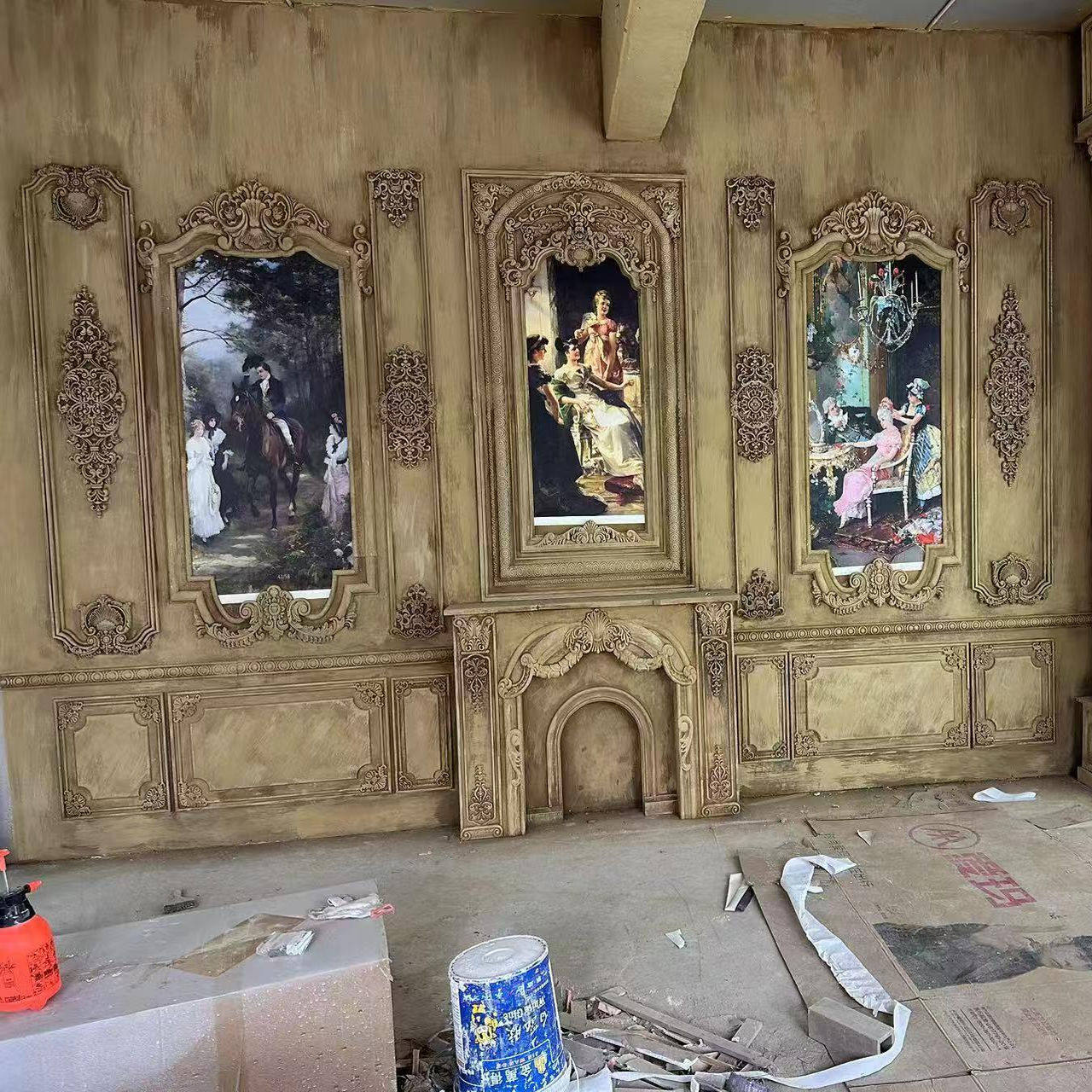 新款婚纱实景摄影棚装修法式复古欧式城堡实景制作无影墙肌理墙