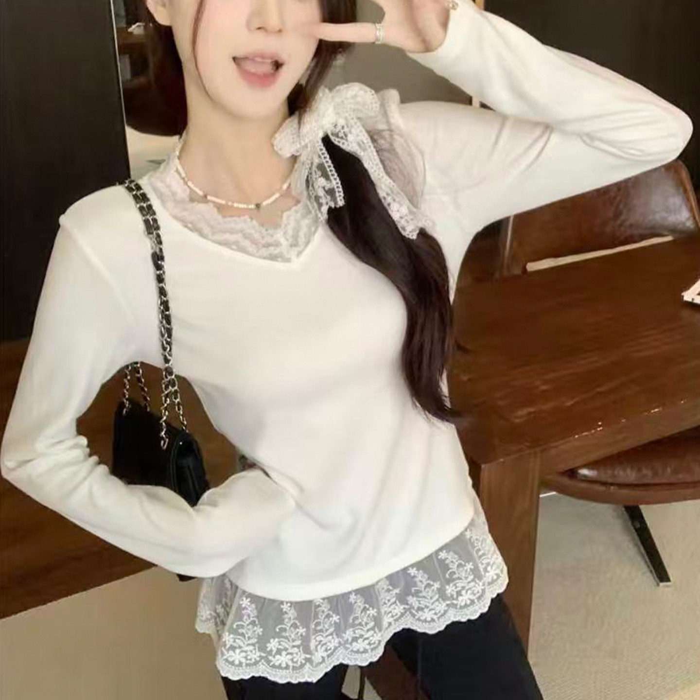 韩系ins温柔风甜美小众高级感蕾丝花边德绒内搭叠穿打底衫上衣女,女装/女士精品,T恤,淘宝优惠券,粉丝福利购,淘宝优惠卷