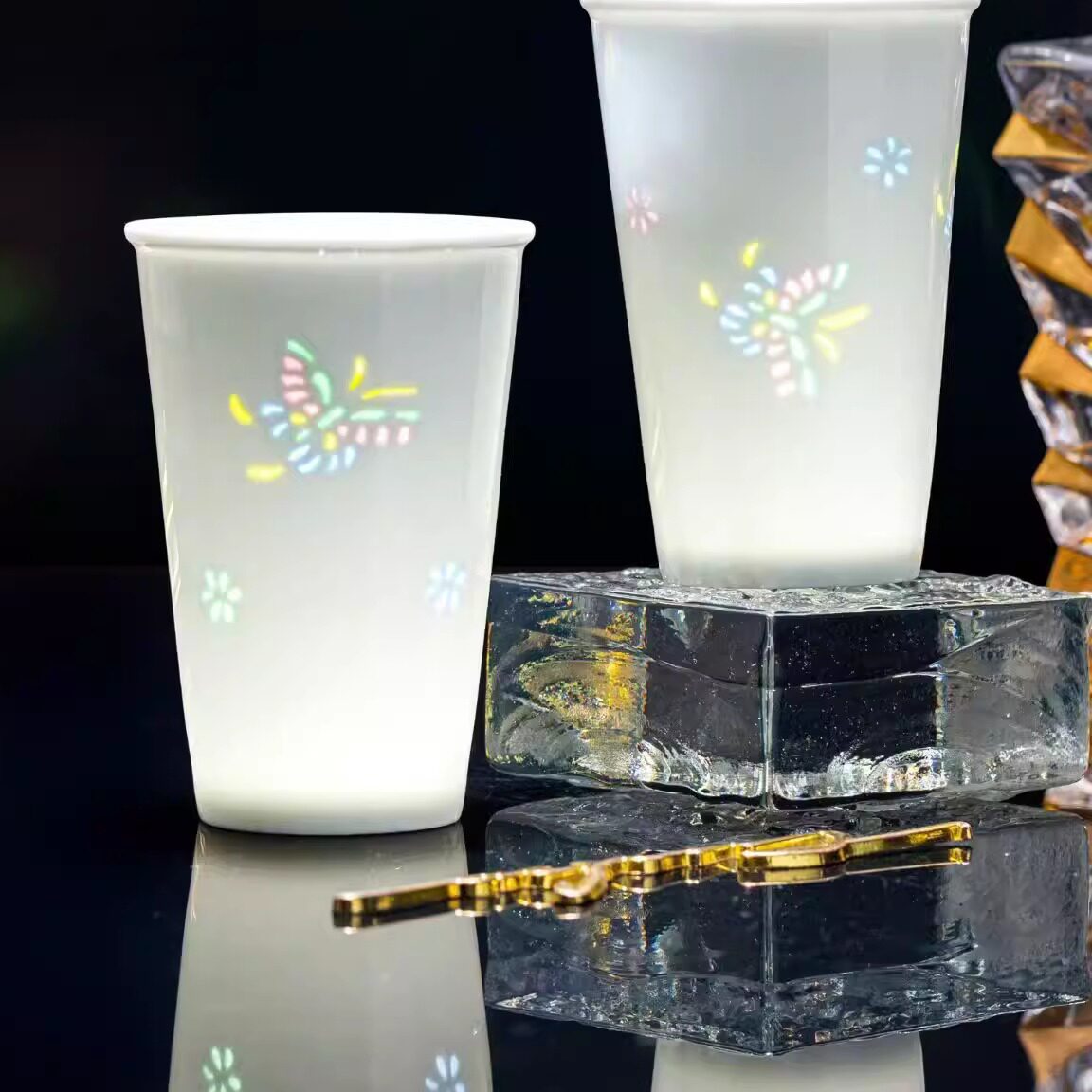 景德镇五彩玲珑可乐杯马克杯典雅高档手工艺术彩花玲珑杯高品质