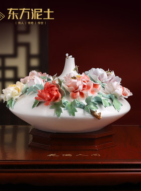 非遗手工陶瓷花牡丹花瓶摆件