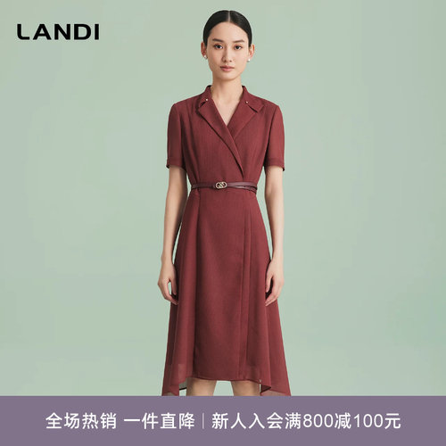 LANDI西装领波尔多红长款连衣裙