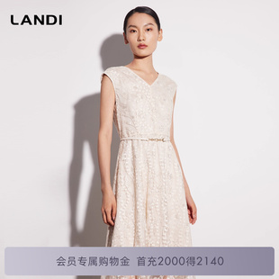 LANDI蓝地米白色法式 优雅气质V领收腰修身 蕾丝无袖 连衣裙女夏新品
