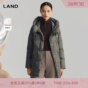 [商场同款]LANDI墨绿色廓形白鹅绒立领连帽羽绒服女中长款冬新品