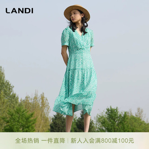 LANDI蓝地青绿色法式优雅度假风V领短袖印花茶歇连衣裙女夏新品