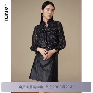 LANDI蓝地黑色设计感荷叶边小立领星空印花碎花衬衫 女上衣秋新品