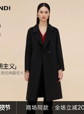 [商场同款]LANDI黑色翻领绵羊毛大衣女中长款毛呢外套2025冬新品