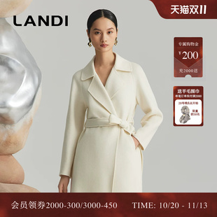 [冬日温柔氛围感]LANDI米白色系带中长款山羊绒大衣女冬新品