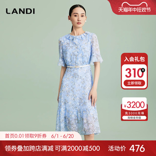 LANDI蓝地荷叶边圆领清新淡雅印花短袖 连衣裙女碎花裙2024夏新品