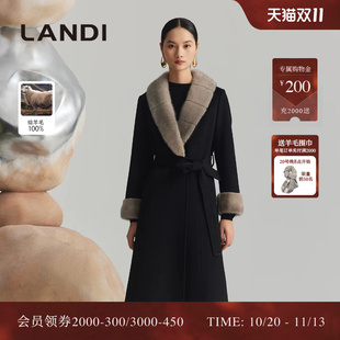 LANDI蓝地黑色轻奢水貂毛领系带长款绵羊毛大衣女毛呢外套冬新品
