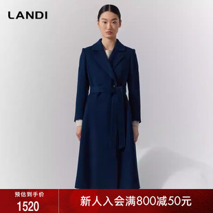毛呢大衣女冬新品 LANDI蓝地湖蓝色西装 领羊毛羊绒混纺高级感长款
