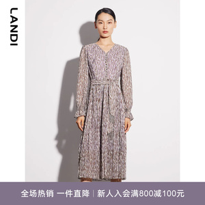 LANDI蓝地复古雅致艺术印花压褶V领连衣裙女收腰长裙春新品