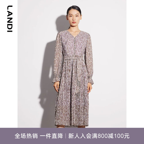 V领几何艺术印花压褶连衣裙LANDI