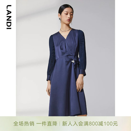 通勤拼接醋酸收腰连衣裙