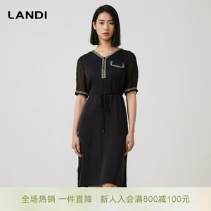 LANDI蓝地黑色优雅名媛风V领真丝短袖连衣裙女桑蚕丝裙子夏新品
