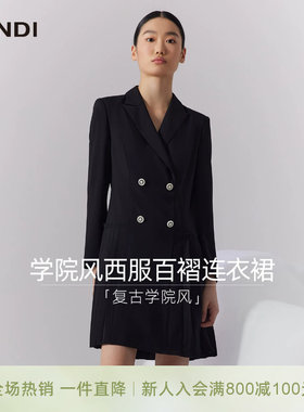 LANDI学院风西服百褶连衣裙