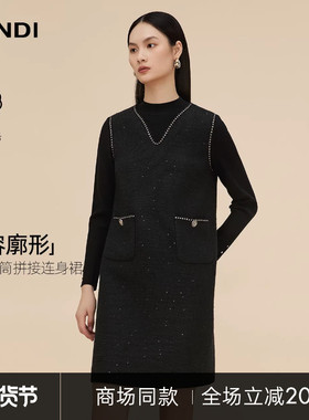 [商场同款]LANDI黑色包容廓形绵羊毛针织拼接连身裙女2025冬新品