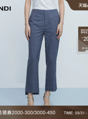 LANDI蓝地格纹蓝灰色不规则裤脚气质通勤显瘦西装裤女春新品