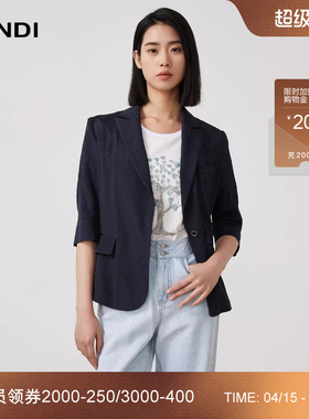 LANDI蓝地藏蓝色法式优雅真丝七分袖小西装休闲外套女上衣夏新品