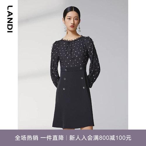 蕾丝花边圆领印花拼接连衣裙
