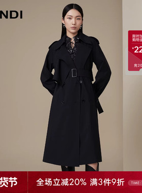 LANDI蓝地黑色经典款设计感系带收腰风衣外套女大衣中长款秋新品