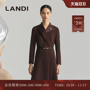 LANDI蓝地深咖色法式设计感翻领收腰优雅职业西装连衣裙女冬新品