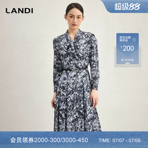 LANDI蓝地法式设计感手绘印花系带领通勤收腰长袖连衣裙女秋新品