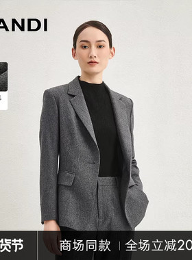 [商场同款]LANDI深灰色花纱高级感绵羊毛收腰西服外套女冬新品