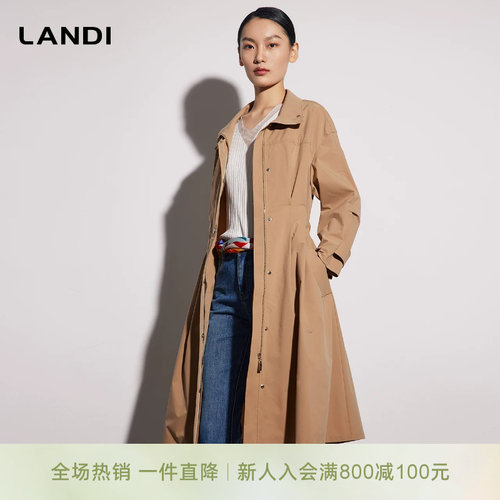 卡其色翻领收腰长款薄风衣外套