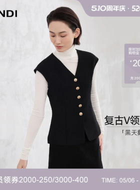[黑天鹅系列]LANDI蓝地黑色简约赫本优雅复古V领修身马甲女秋新品
