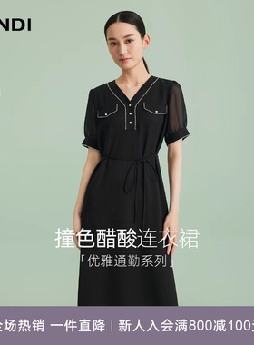 [优雅通勤系列]LANDI蓝地黑色醋酸V领网纱短袖收腰连衣裙女夏新品