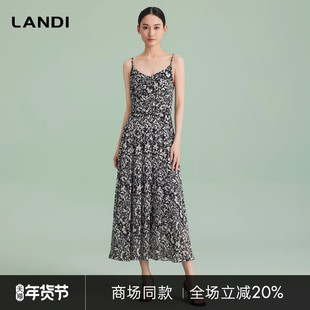 [商场同款]LANDI蓝地法式优雅设计感印花吊带连衣裙女长裙夏新品