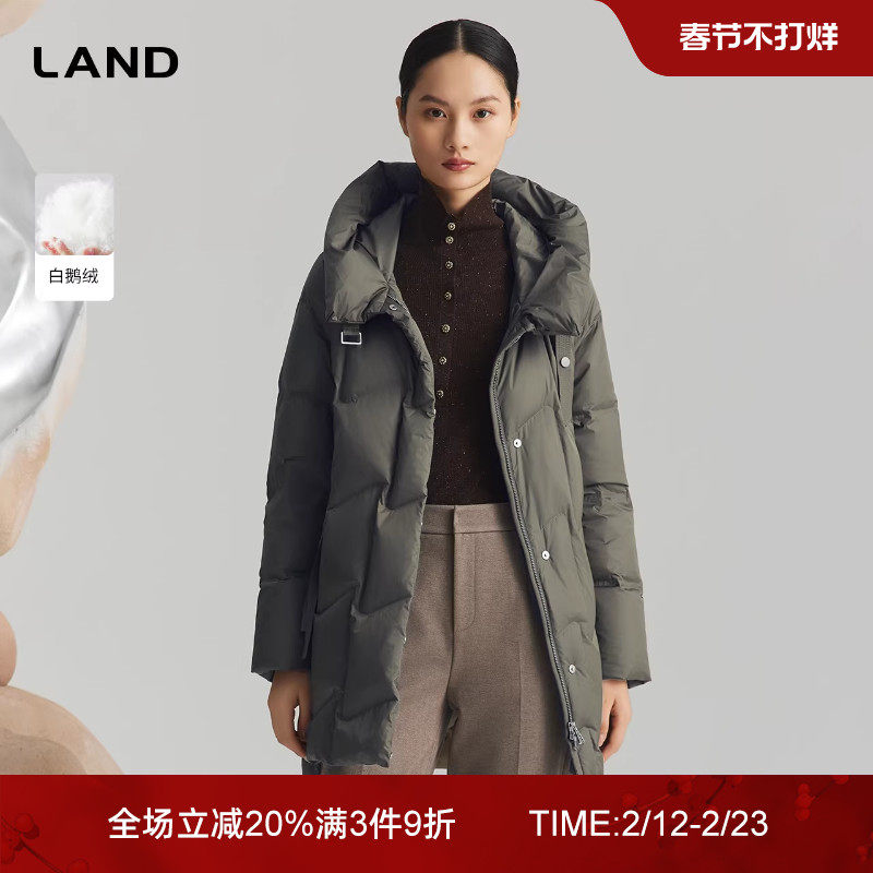 [商场同款]LANDI墨绿色廓形白鹅绒立领连帽羽绒服女中长款冬新品