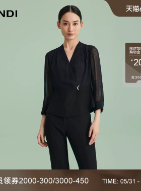 LANDI蓝地黑色分割线设计通勤V领网纱拼接七分袖衬衫女上衣夏新品