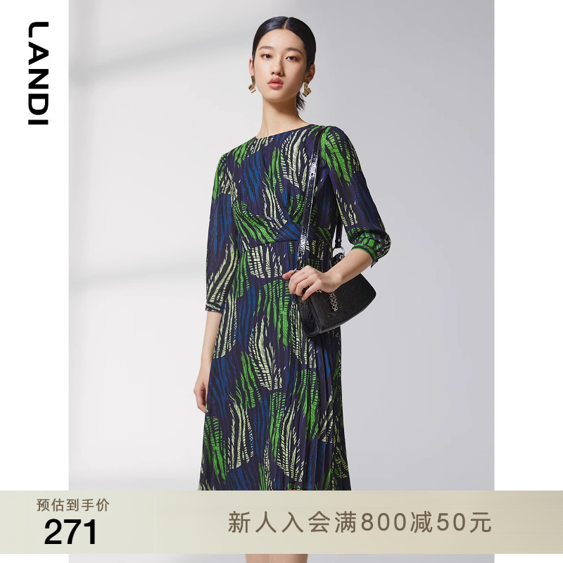 复古艺术印花高腰压褶连衣裙