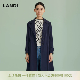 LANDI蓝地藏蓝色大翻领通勤气质休闲风衣外套女中长款春新品