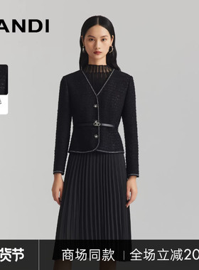 [商场同款]LANDI黑色绵羊毛假两件小香风拼接收腰连衣裙女冬新品