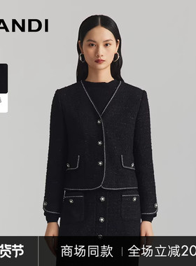 [商场同款]LANDI黑色绵羊毛经典小香风短款外套女修身上衣冬新品