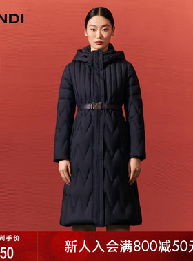 LANDI蓝地藏蓝色立领连帽不规则绗线收腰长款鹅绒羽绒服女冬新品