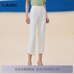 女九分休閑褲 LANDI藍地白色不規則褲 腳簡約修身 通勤小腳褲 夏新品