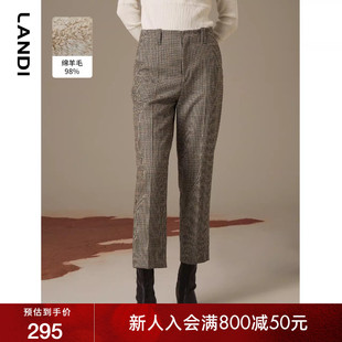女冬新品 长裤 饰腰袢小脚西装 LAND蓝地复古格纹英伦风羊毛装