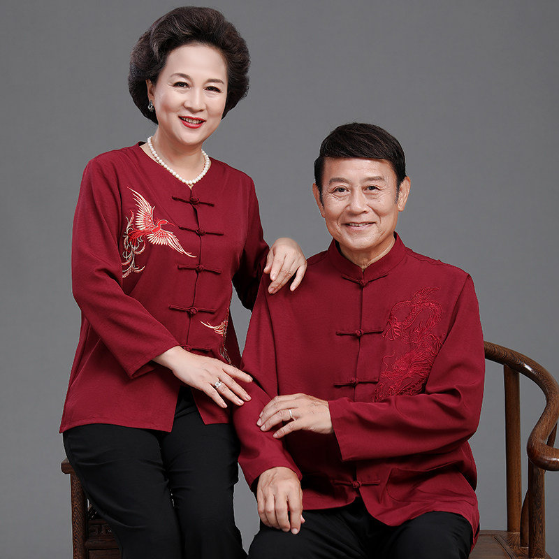 中老年人唐装男士长袖夏季薄款爷爷奶奶过寿生日爸妈喜庆婚礼衣服