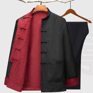 春秋双面穿唐装男长袖中老年人外套夹克中国风大码盘扣上衣爸爸装