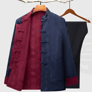 中老年男士唐装爸爸双面穿丝绸缎宽松长袖爷爷汉服盘扣夹克外套装