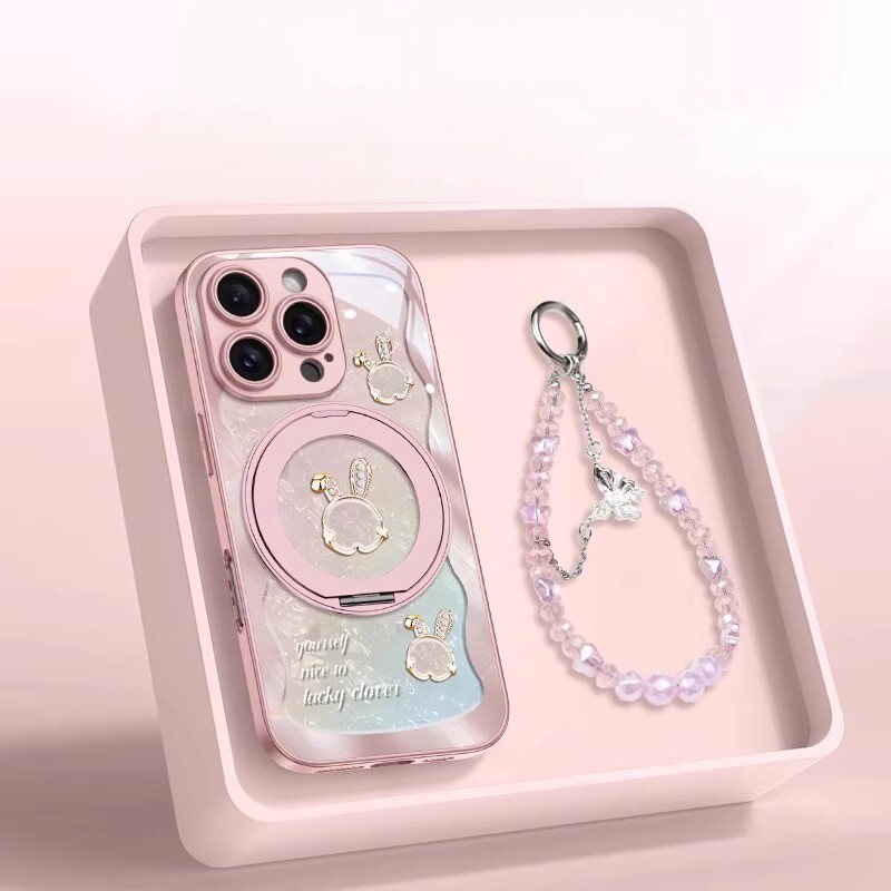 【高品质】玫粉贝纹兔适用苹果16promax手机壳iphone15新款17pro时尚磁吸14旋转支架15pro带挂绳12气质防摔壳