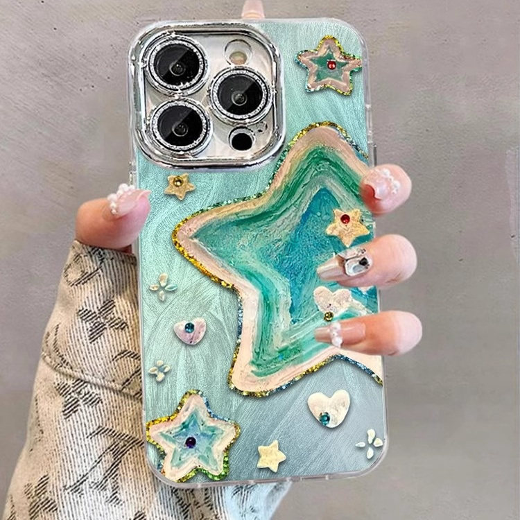 【明星同款】适用苹果16promax手机壳新款iphone15油画五角星14闪粉羽纱13pro挂绳12高端女14plus硅胶套11pm