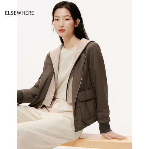 ELSEWHERE珂思【商场同款】时尚连帽轻薄棉服外套女秋季新款