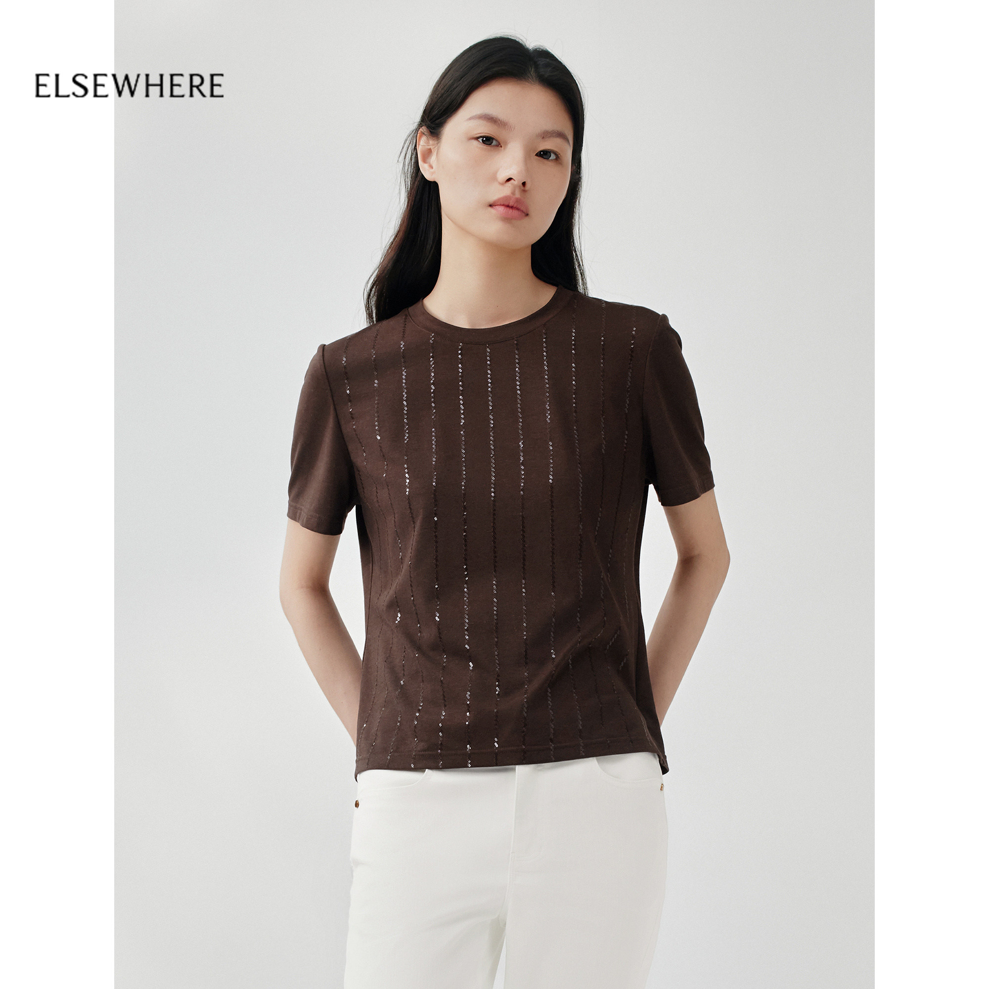 ELSEWHERE珂思商场同款珠片刺绣T恤微弹上衣女2026夏季新款