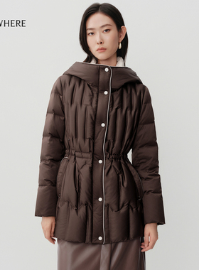 【长白山白鹅绒】ELSEWHERE珂思时尚收腰连帽羽绒服2025冬季新款